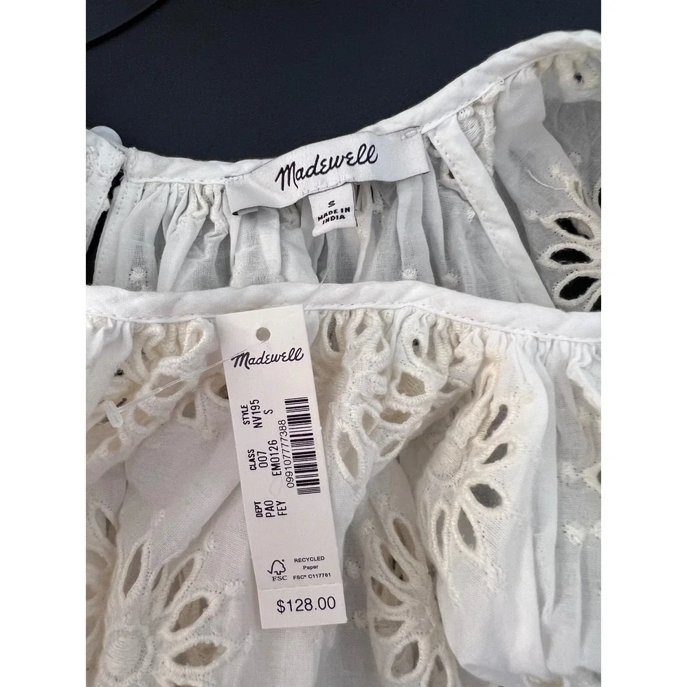 Madewell Eyelet Puff-Sleeve Top Antique‎ Cream Floral Scalloped Small NEW
